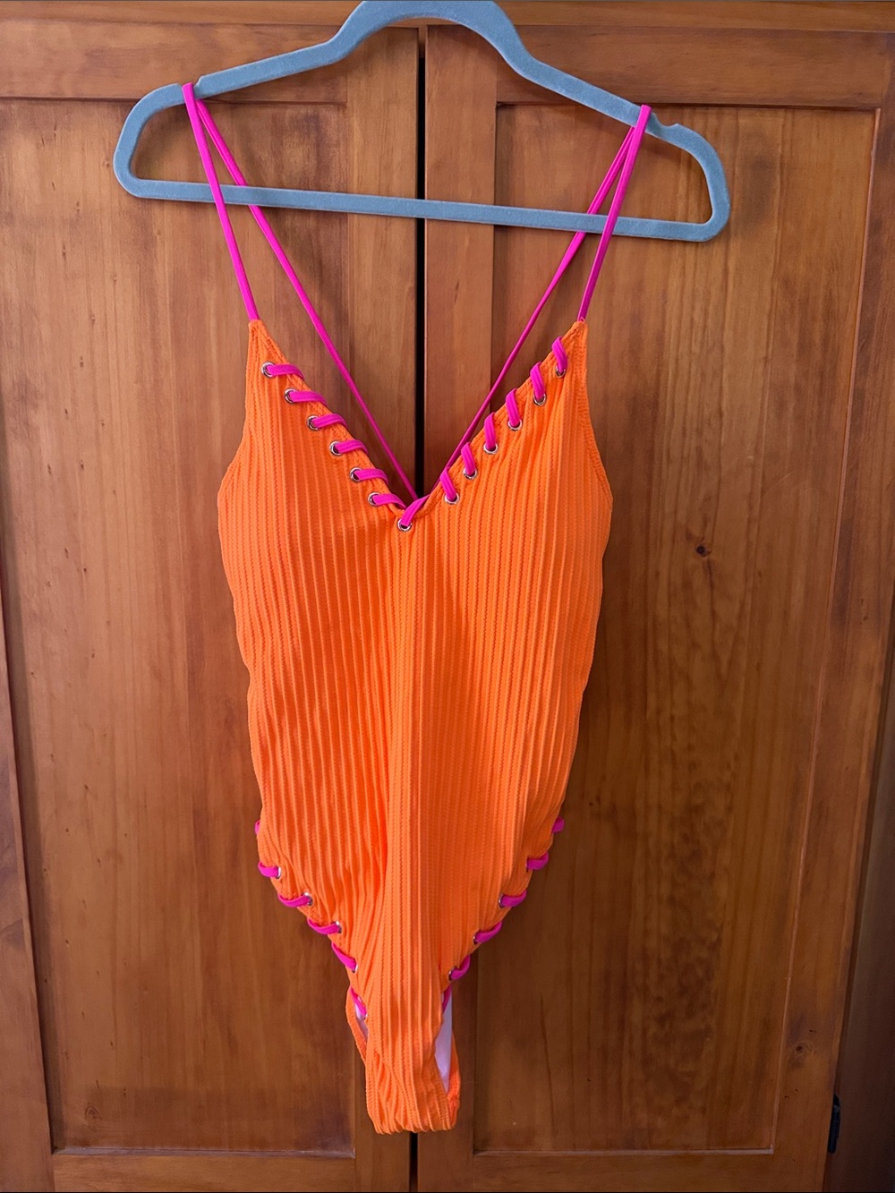 Neon Orange Ribbed One-Piece Swimsuit with Hot Pink Trim